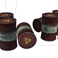 Multiple Red Industrial Equipment Barrels With Corp Label And Warning Signs