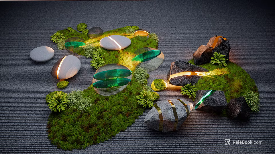 Creative Garden Decor with Green Moss Stones Glass Ornaments and Illuminated Light Strips 3d model 