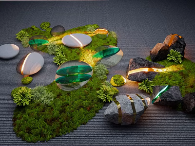 Creative Garden Decor with Green Moss Stones Glass Ornaments and Illuminated Light Strips 3d model