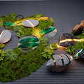 Creative Garden Decor with Green Moss Stones Glass Ornaments and Illuminated Light Strips