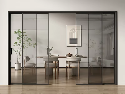 Modern Dining Room With Black Frame Glass Sliding Doors And Wooden Table Chairs Plant 3d model