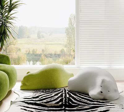 Green and White Bear Shaped Lazy Sofa by Window with Scenic View and Zebra Rug 3d model
