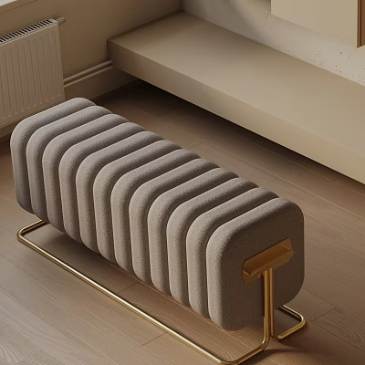 Modern Upholstered Sofa Bench Featuring Gray Fabric And Gold Metal Legs 3d model