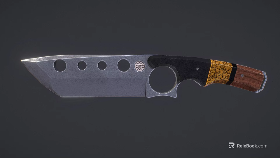 Tactical Knife With Stainless Steel Blade Circular Holes And Wooden Yellow Black Handle 3d model 