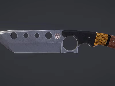 Tactical Knife With Stainless Steel Blade Circular Holes And Wooden Yellow Black Handle 3d model