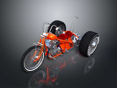 Orange Custom Motorcycle with Large Wheels and Unique Chrome Frame Design 3d model