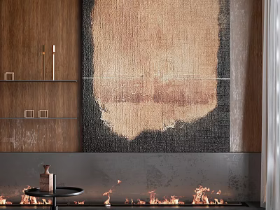 Rustic Interior Featuring Large Brown Tapestry Wooden Wall And Fireplace Flames 3d model