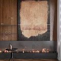 Rustic Interior Featuring Large Brown Tapestry Wooden Wall And Fireplace Flames