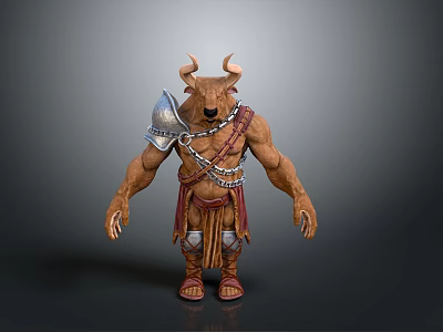 Muscular Minotaur Mythical Warrior Character Standing With Armour Chains And Leather Skirt 3d model