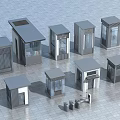 Various Small Building Designs With Different Kiosk Styles And Miniature Figures 3d model