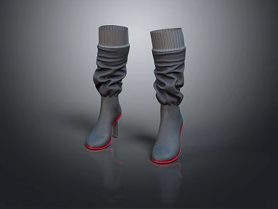 Stylish Black Women's High Heel Boots With Ruched Cuff Red Heel For Daily Wear 3d model
