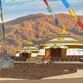 Colorful Prayer Flags Over Ornate Traditional Yurts Against Autumn Mountain Landscape