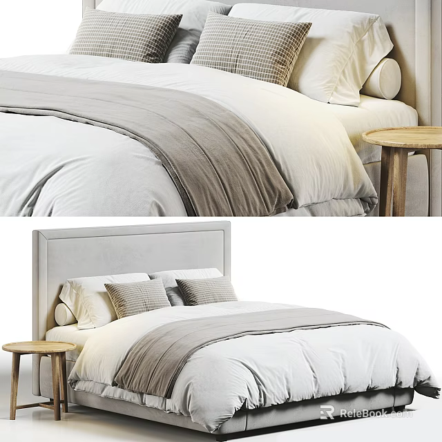 Modern Double Bed With White And Gray Bed Linens Multiple Pillows And Wooden Bedside Table 3d model 