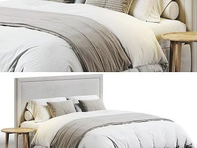 Modern Double Bed With White And Gray Bed Linens Multiple Pillows And Wooden Bedside Table 3d model