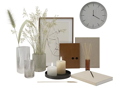 Minimalist Decorative Accessories Set With Dried Pampas Grass Glass Vases Candles Frame And Wall Clock 3d model