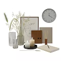 Minimalist Decorative Accessories Set With Dried Pampas Grass Glass Vases Candles Frame And Wall Clock