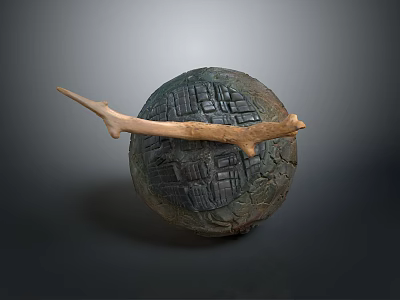 Artistic Stone Sphere Sculpture With Wooden Branch Handle And Textured Surface 3d model