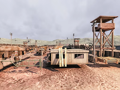 Arid Desert Landscape With Watchtower Simple Buildings Fence And Distant Mountains 3d model