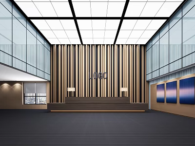 Modern Reception Area Interior With Glass Walls Striped Accent Wall Grid Ceiling And Decorative Paintings 3d model