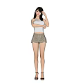 Woman in White Tank Top Beige Shorts and High Heels Three Views