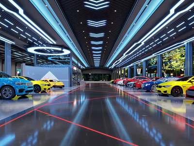 Modern Auto Showroom Interior With Neatly Arranged Colorful Cars Modern Lighting And Shiny Floor 3d model