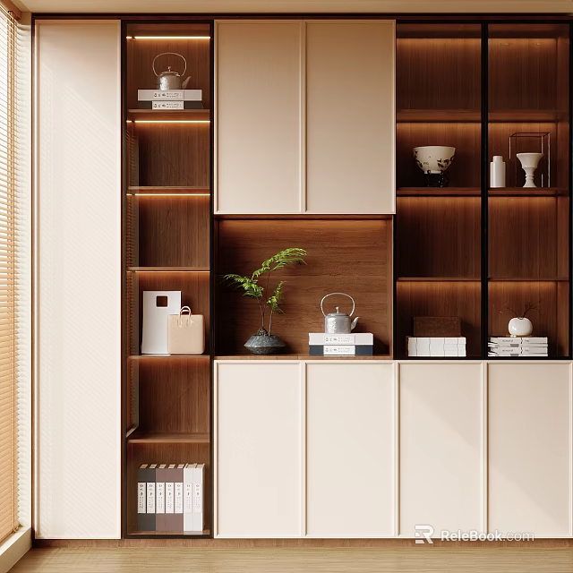 Modern Wine Cabinet With Wooden Open Shelves LED Lighting And Decorative Items 3d model 