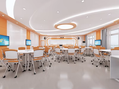 Modern School Classroom Interior With Bright Desks Chairs And Digital Learning Screens 3d model