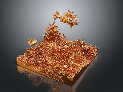 Intricate Golden Coral Like Structure With Flying Elements Gray Background And Reflective Base 3d model