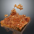 Intricate Golden Coral Like Structure With Flying Elements Gray Background And Reflective Base