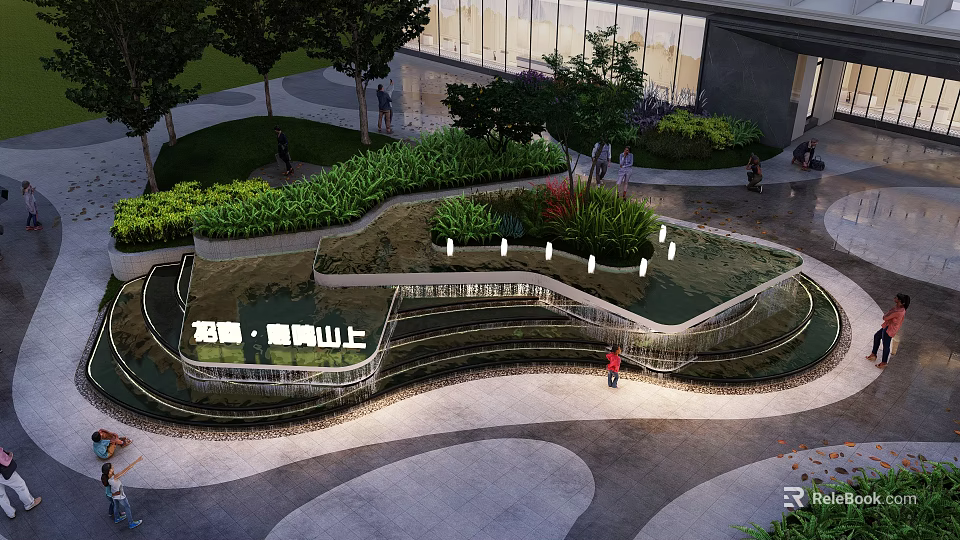 Modern Layered Garden Feature With Greenery Lighting Pathways And Urban Background 3d model 