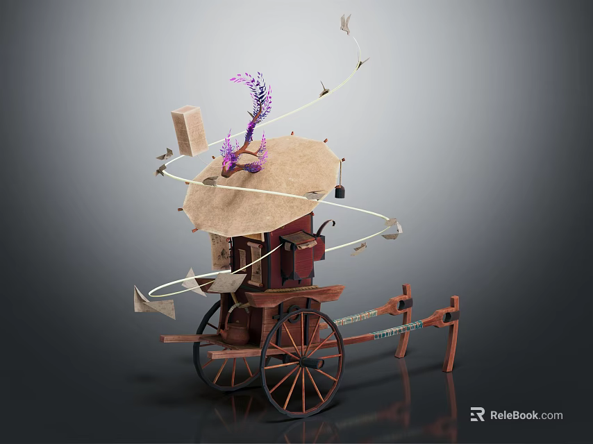 Handcrafted Artistic Wooden Cart With Umbrella Cover Purple Decoration And Hanging Elements 3d model 