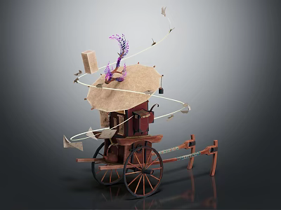 Handcrafted Artistic Wooden Cart With Umbrella Cover Purple Decoration And Hanging Elements 3d model