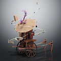 Handcrafted Artistic Wooden Cart With Umbrella Cover Purple Decoration And Hanging Elements