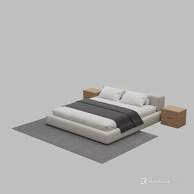 Modern Double Bed Interior Design With Wooden Nightstands And Gray Rug 3d model 