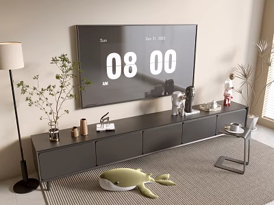 Modern TV Stand In Living Room With TV Decorative Items Green Plant And Storage Drawers 3d model