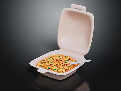 Yellow Snacks with Colorful Bits in Open White Container and Spoon 3d model