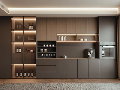 Modern Dark Wooden Sideboard Cabinet With LED Lighting Wine Rack And Glass Storage Appliance Area 3d model
