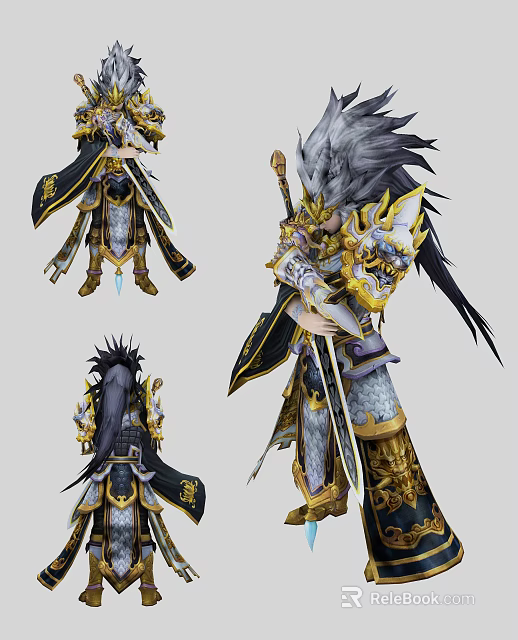 Game Movie Character in Ornate Golden Accented Armor with Black Blue Details and Staff 3d model 