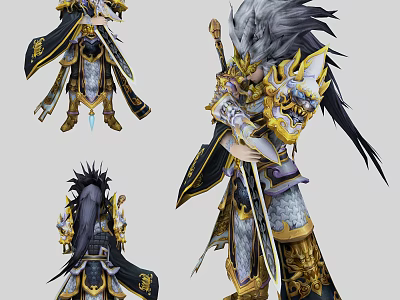 Game Movie Character in Ornate Golden Accented Armor with Black Blue Details and Staff 3d model