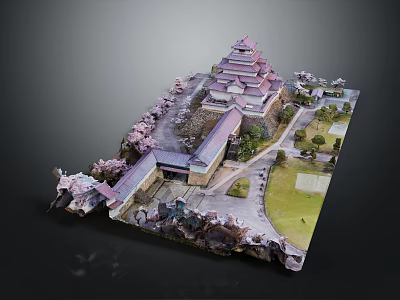 Traditional Multi Layered Pagoda Building With Cherry Blossom Trees And Garden Paths 3d model
