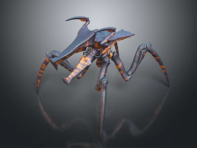 Sci Fi Mechanical Spider With Long Legs And Blue Orange Metallic Texture Design 3d model