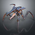 Sci Fi Mechanical Spider With Long Legs And Blue Orange Metallic Texture Design 3d model