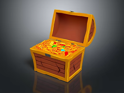 Open Yellow Wooden Treasure Chest Filled With Gold Coins And Colorful Gems 3d model