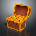 Open Yellow Wooden Treasure Chest Filled With Gold Coins And Colorful Gems