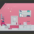 Pink Bedroom Interior With Bed Desk Nightstand Lamp Blue Rug And Moon Star Art