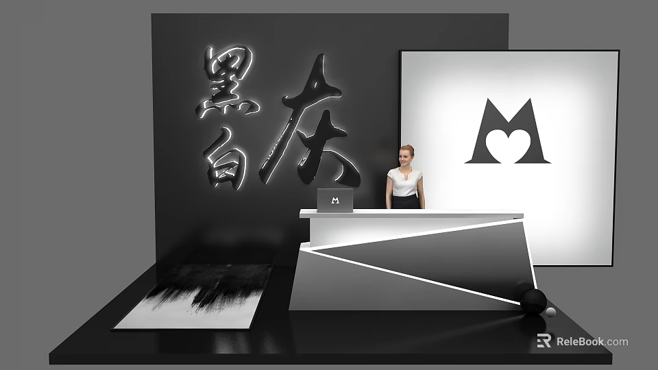 Stylish Modern Reception Desk with Black and White Design Staff and Heart Logo Screen 3d model 