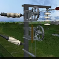 Electrical Power Transmission Utility Pole With Insulators Pulleys Green Landscape And Near Buildings