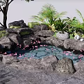 Beautiful Garden Ornament with Small Pond Pink Flowers Rocks and Lush Green Plants