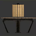Wooden Round Fire Pit Table With Radiant Slats And Black Metal Legs Design