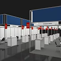 Exhibition Booth Layout With White Frames Blue Panels And Tables 3d model